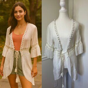 Open Front Boho Pom Pom Duster/Cardigan P2P 17"